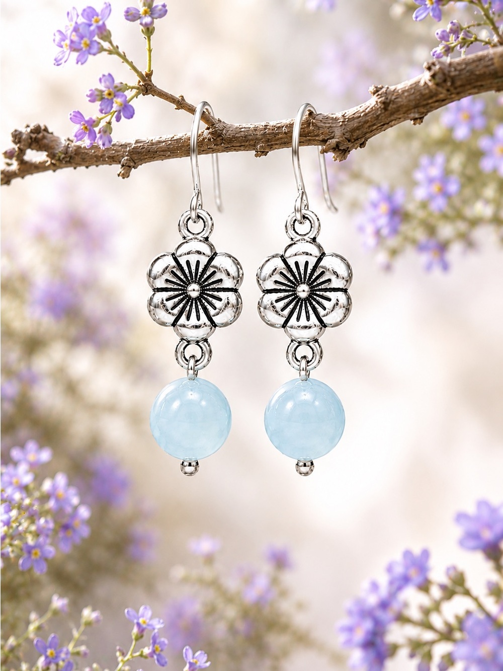 Silver Flower & Sky Blue Bead Dangle Earrings